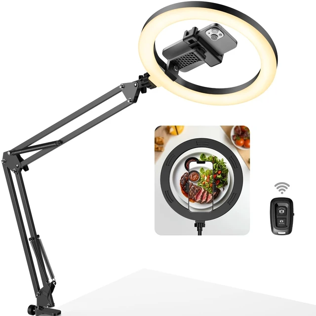 Alt view image 6 of 10 - Overhead Phone Mount Ring Light with Stand for Desk Canvas Lamp | Overhead Tripod, Cooking Videos, Desk Clamp, Arm Stand, Calls, Adjustable Brightness, 3 Color Modes, Selfie, Phone, Sturdy