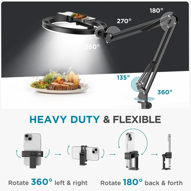 Alt view image 10 of 10 - Overhead Phone Mount Ring Light with Stand for Desk Canvas Lamp | Overhead Tripod, Cooking Videos, Desk Clamp, Arm Stand, Calls, Adjustable Brightness, 3 Color Modes, Selfie, Phone, Sturdy