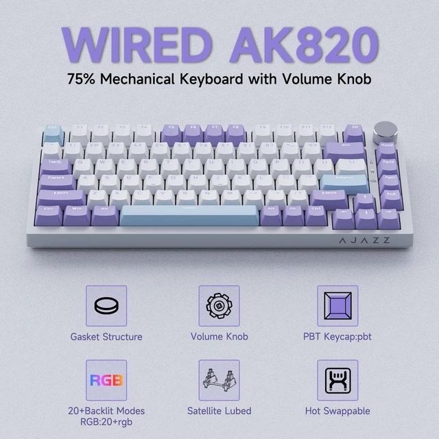 Alt view image 9 of 14 - Ajazz AK820 TKL 75% Hot Swappable Mechanical Keyboard with Volume Knob, Gasket Mount Wired Gaming Keyboard, Pre-lubed Linear Switch, South-Facing RGB, PBT Keycaps