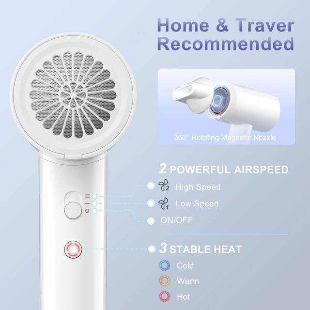 Alt view image 12 of 14 - Hair Dryer, 200 Million Ionic Blow Dryer, 110,000 RPM Fast Drying, Reduced Frizz, Intelligent Thermo-Control, Low Noise, Lightweight for Adult/Children/Dog, Home/Hotel/RV/Travel