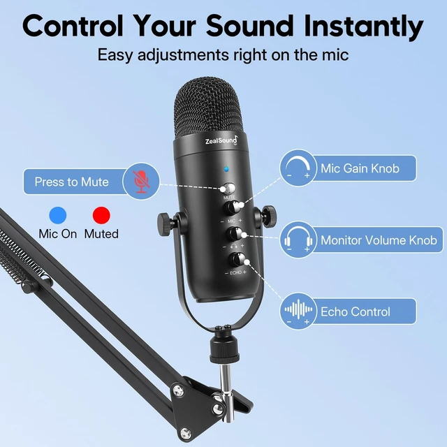 Alt view image 11 of 14 - Podcast Microphone with Boom Arm, USB Mic with Noise Reduction, Mute, Echo & Volume Control, Zero-Latency Monitoring, Compatible with PC Mac iPhone & Android, for Podcasting TikTok YouTube