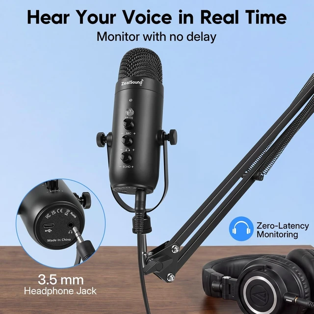 Alt view image 13 of 14 - Podcast Microphone with Boom Arm, USB Mic with Noise Reduction, Mute, Echo & Volume Control, Zero-Latency Monitoring, Compatible with PC Mac iPhone & Android, for Podcasting TikTok YouTube