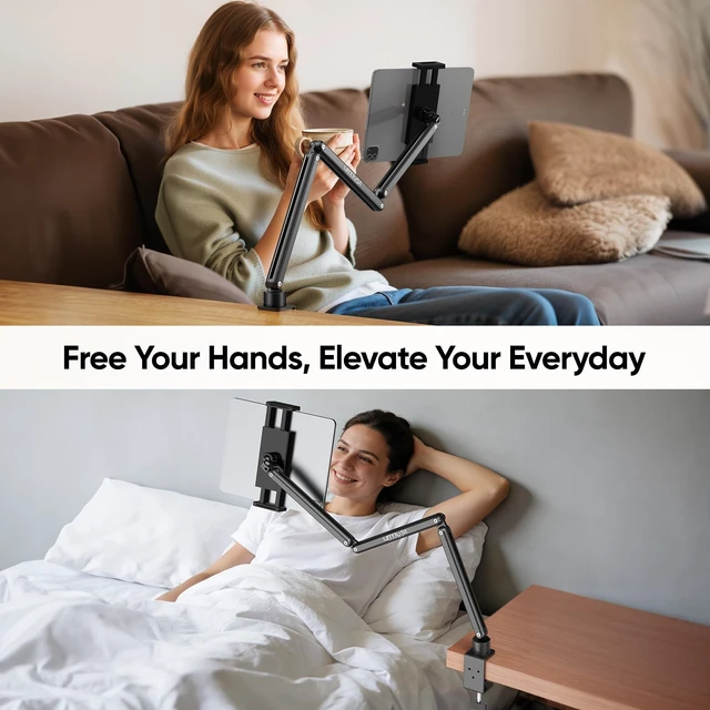 Alt view image 9 of 14 - Tablet Stand for Desk, Adjustable iPad Holder for Bed, 4.7"-15.6" | 360° Rotation, Sturdy Aluminum Tablet Arm Mount for iPad Pro/Air/Mini, iPhone, Galaxy Tab, for Kitchen, Work, Video Call