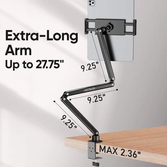 Alt view image 12 of 14 - Tablet Stand for Desk, Adjustable iPad Holder for Bed, 4.7"-15.6" | 360° Rotation, Sturdy Aluminum Tablet Arm Mount for iPad Pro/Air/Mini, iPhone, Galaxy Tab, for Kitchen, Work, Video Call