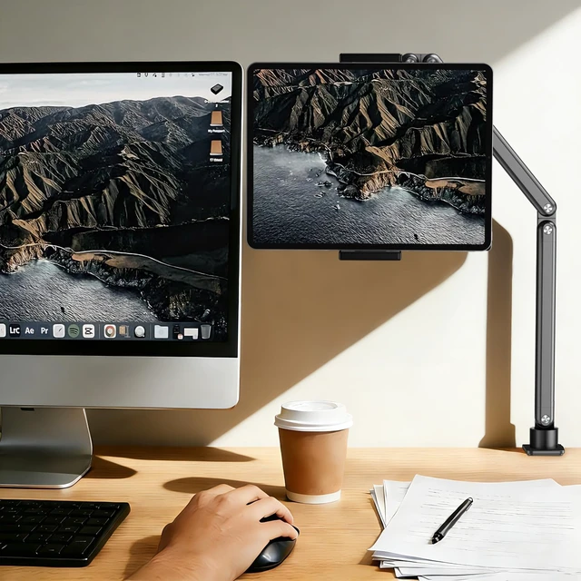 Alt view image 11 of 14 - Tablet Stand for Desk, Adjustable iPad Holder for Bed, 4.7"-15.6" | 360° Rotation, Sturdy Aluminum Tablet Arm Mount for iPad Pro/Air/Mini, iPhone, Galaxy Tab, for Kitchen, Work, Video Call