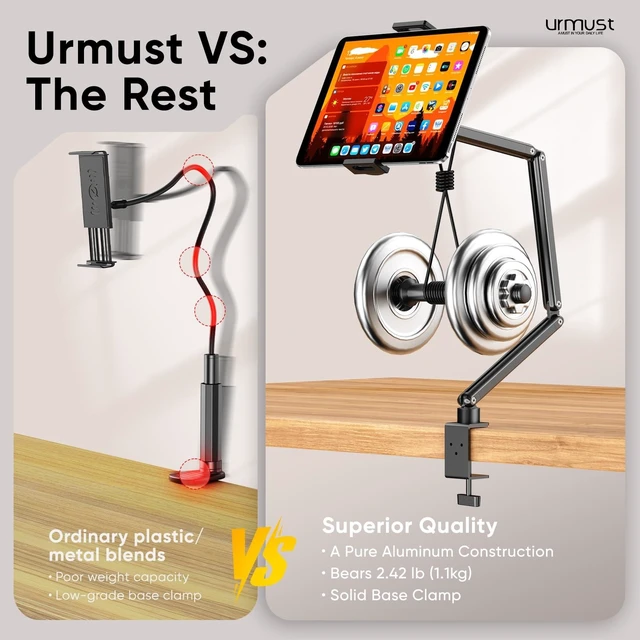 Alt view image 14 of 14 - Tablet Stand for Desk, Adjustable iPad Holder for Bed, 4.7"-15.6" | 360° Rotation, Sturdy Aluminum Tablet Arm Mount for iPad Pro/Air/Mini, iPhone, Galaxy Tab, for Kitchen, Work, Video Call