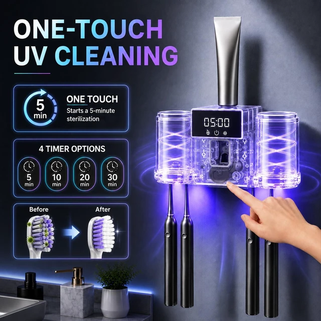Alt view image 10 of 14 - Toothbrush Holder Wall Mounted, 2 Cups Smart Toothbrush Holder with Cleaning and Drying, Electric Toothpaste Dispenser, Automatic Cleaning Box with 4 Toothbrush Slot for Bathroom (Gun Grey)