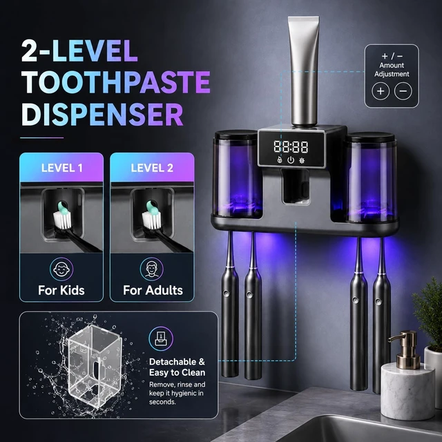 Alt view image 11 of 14 - Toothbrush Holder Wall Mounted, 2 Cups Smart Toothbrush Holder with Cleaning and Drying, Electric Toothpaste Dispenser, Automatic Cleaning Box with 4 Toothbrush Slot for Bathroom (Gun Grey)
