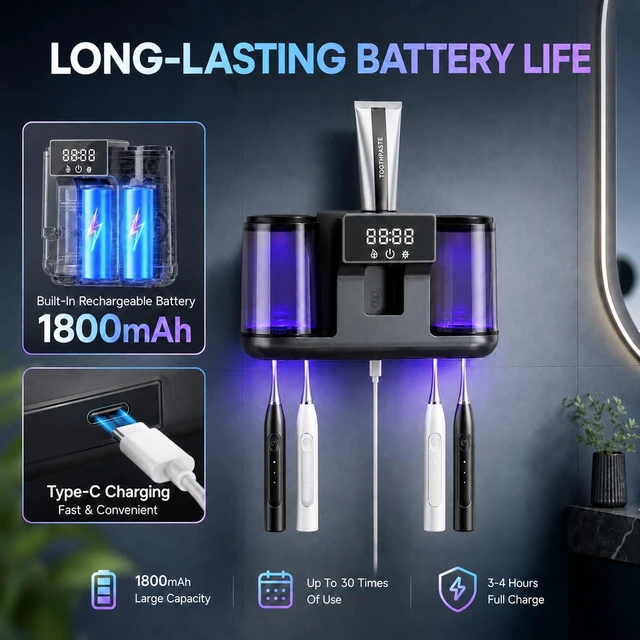 Alt view image 13 of 14 - Toothbrush Holder Wall Mounted, 2 Cups Smart Toothbrush Holder with Cleaning and Drying, Electric Toothpaste Dispenser, Automatic Cleaning Box with 4 Toothbrush Slot for Bathroom (Gun Grey)
