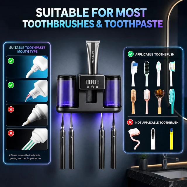 Alt view image 14 of 14 - Toothbrush Holder Wall Mounted, 2 Cups Smart Toothbrush Holder with Cleaning and Drying, Electric Toothpaste Dispenser, Automatic Cleaning Box with 4 Toothbrush Slot for Bathroom (Gun Grey)