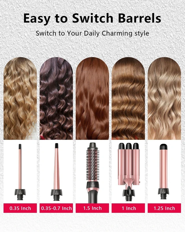 Alt view image 9 of 14 - 5-in-1 Curling Iron Set Curling Wand Hair Styling Tools | 3 Ceramic Curling Barrels (0.35"-1.25")&Thermal Brush &Triple Barrel Crimper,Dual Voltage Hair Curler,Gifts for Women