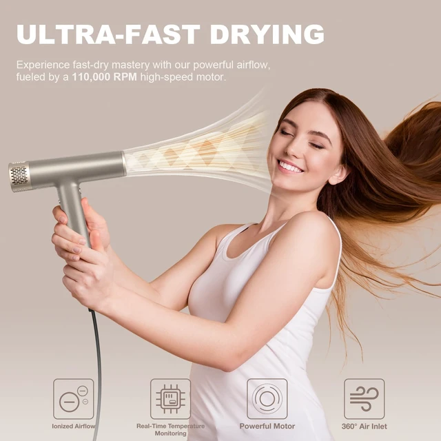 Alt view image 9 of 12 - Professional Hair Dryer with Diffuser Fast Drying 200 Million Ionic Blow Dryer with 110, 000 RPM High-Speed No Heat Damage Intelligent Thermo-Control Low Noise, Silver