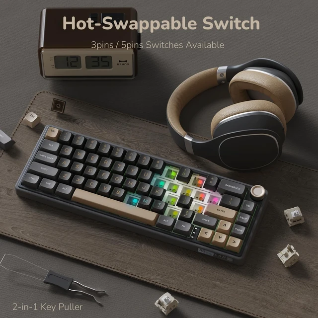 Alt view image 12 of 14 - ROYAL KLUDGE R65 Wired Gaming Keyboard with Volume Knob, 60% Percent RGB Backlit Mechanical Keyboard Gasket Mount with PBT Keycaps, MDA Profile, QMK/VIA, 66 Keys Hot Swappable Cream Switch, Black