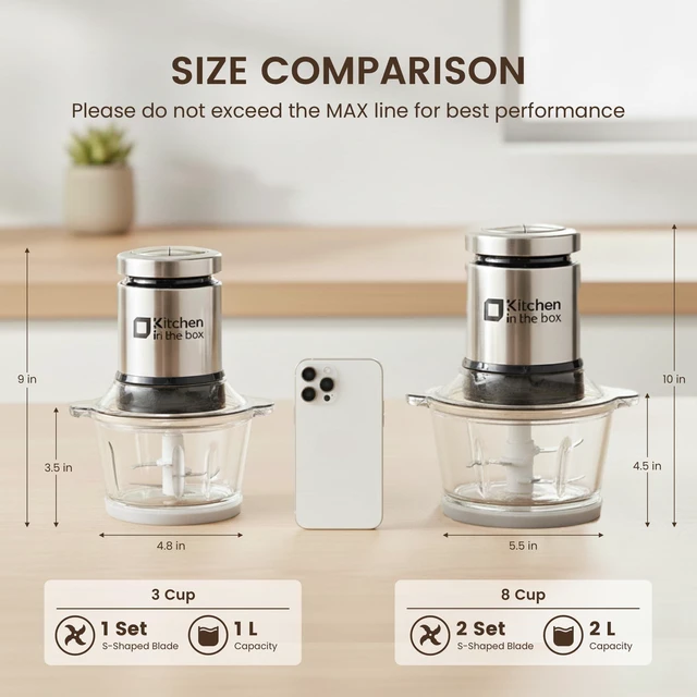 Alt view image 9 of 14 - Food Processors,Small Meat Grinder & Food Chopper Electric Vegetable Chopper with 2 Bowls (8 Cup+8 Cup)& 2 Bi-Level Blades for Meat/fish/Vegetable/Baby Food,Black