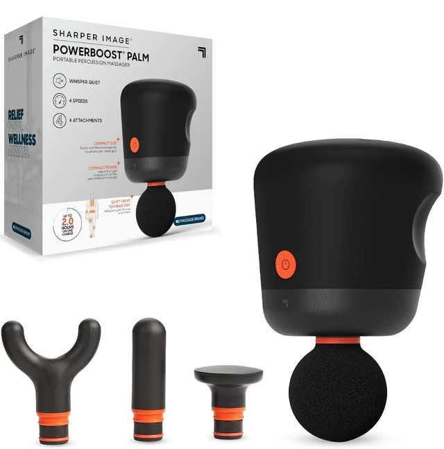 Alt view image 8 of 14 - Sharper Image Mini Massage Gun, Powerboost Palm Rechargeable Deep Tissue Percussion Handheld Massager, 4 Adjustable Speeds, 4 Attachment Heads, Full Body Muscle Pain Relief Gift, Black