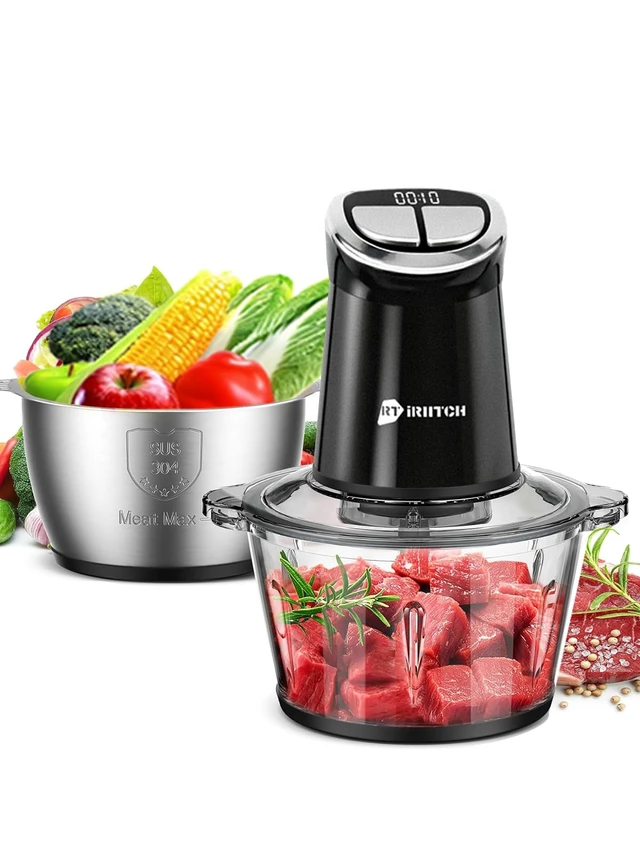 Alt view image 8 of 14 - Food Processor with LED Timer, 800W Electric Chopper | 2 Bowls (12-cups Glass Bowl+12 cups Stainless Steel Bowl), 2 Set 6 Bi-Level S-Blades
