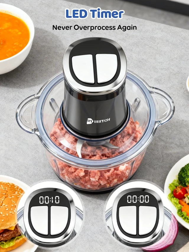 Alt view image 9 of 14 - Food Processor with LED Timer, 800W Electric Chopper | 2 Bowls (12-cups Glass Bowl+12 cups Stainless Steel Bowl), 2 Set 6 Bi-Level S-Blades