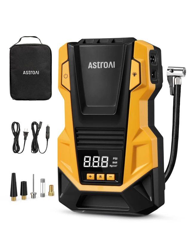 Alt view image 7 of 12 - Tire Inflator Portable Air Compressor, 110V AC/12V DC Dual Power | Electric Air Pump with 150PSI Max Pressure & LED Light, Fast Inflation for Cars, Bikes, Motorcycles, and Inflatables, Yellow