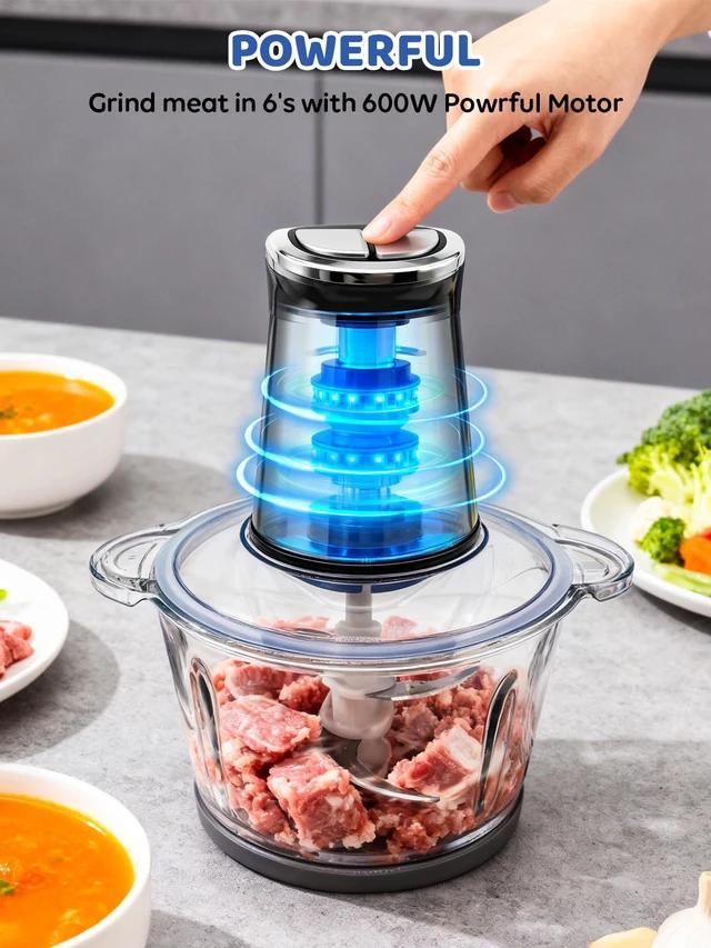 Alt view image 12 of 14 - Food Processor with LED Timer, 800W Electric Chopper | 2 Bowls (12-cups Glass Bowl+12 cups Stainless Steel Bowl), 2 Set 6 Bi-Level S-Blades
