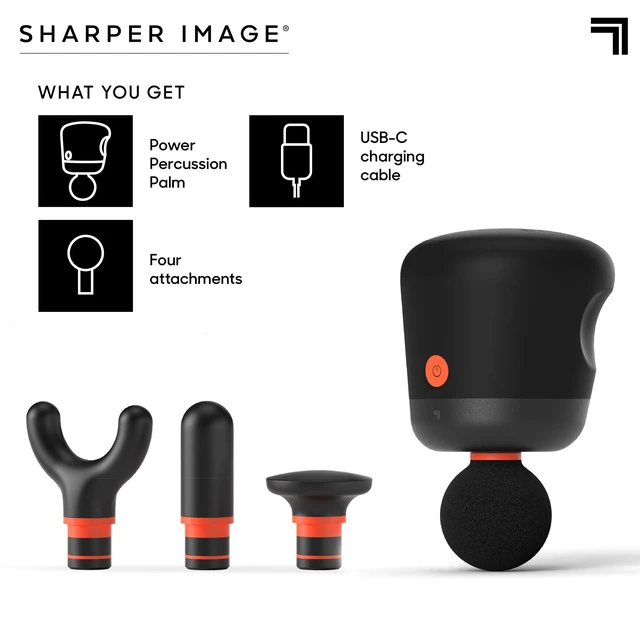Alt view image 14 of 14 - Sharper Image Mini Massage Gun, Powerboost Palm Rechargeable Deep Tissue Percussion Handheld Massager, 4 Adjustable Speeds, 4 Attachment Heads, Full Body Muscle Pain Relief Gift, Black