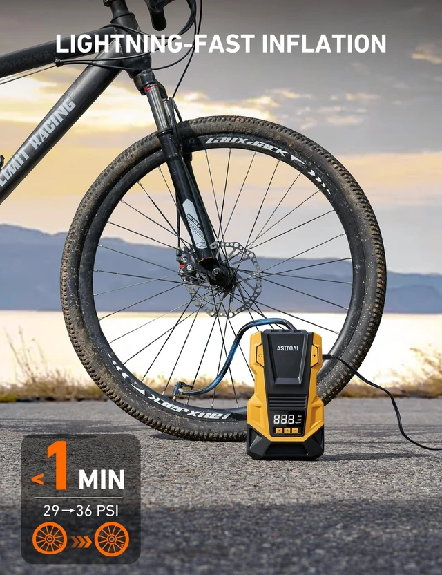 Alt view image 10 of 12 - Tire Inflator Portable Air Compressor, 110V AC/12V DC Dual Power | Electric Air Pump with 150PSI Max Pressure & LED Light, Fast Inflation for Cars, Bikes, Motorcycles, and Inflatables, Yellow