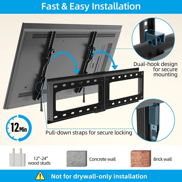 Alt view image 13 of 14 - Heavy Duty Tilt TV Wall Mount for 32-86 Inch Flat/Curved Screen | Max VESA 600x400mm, Holds up to 165 lbs, Fits 8-24" Wood Studs, Universal Low Profile Tilting TV Bracket, Space Saving HV9601