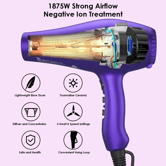 Alt view image 8 of 12 - 3rd Generation Lightweight Low Noise Hair Dryer,(1875W Tourmaline Ceramic Negative Ionic Blow Dryer 2 Speed 3 Heat Settings Cool Shot with Diffuser Concentrator(Purple)