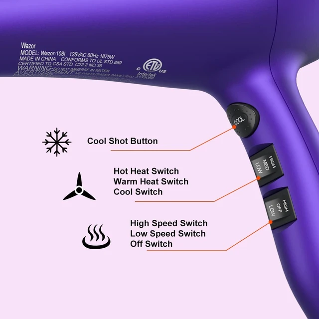 Alt view image 9 of 12 - 3rd Generation Lightweight Low Noise Hair Dryer,(1875W Tourmaline Ceramic Negative Ionic Blow Dryer 2 Speed 3 Heat Settings Cool Shot with Diffuser Concentrator(Purple)