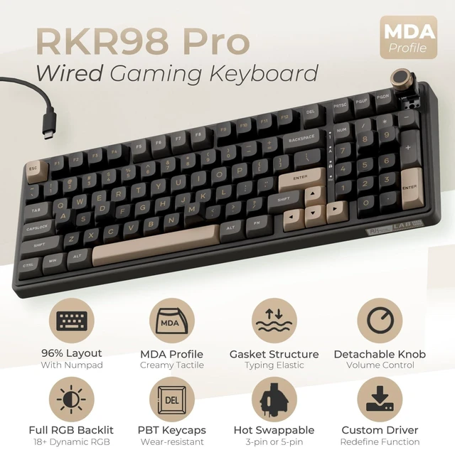 Alt view image 9 of 14 - R98 Pro Wired Mechanical Keyboard, 96% Creamy Gaming Keyboard RGB Backlit with Number Pad and Volume Knob, Gasket Mount, MDA Profile PBT Keycaps, Hot Swappable Pre-lubed Linear Switch