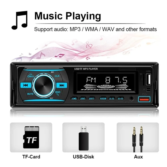 Alt view image 9 of 14 - 1 DIN Car Stereo Bluetooth Audio Receiver - FM Radio MP3 Player with Hands-Free Calling, Wireless Music Streaming, Fast Charging, USB/TF/AUX Port, 7-Color Backlight, Clock Display, Remote Control