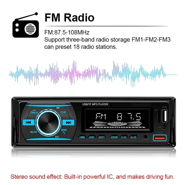 Alt view image 10 of 14 - 1 DIN Car Stereo Bluetooth Audio Receiver - FM Radio MP3 Player with Hands-Free Calling, Wireless Music Streaming, Fast Charging, USB/TF/AUX Port, 7-Color Backlight, Clock Display, Remote Control
