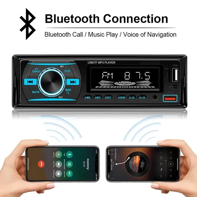 Alt view image 11 of 14 - 1 DIN Car Stereo Bluetooth Audio Receiver - FM Radio MP3 Player with Hands-Free Calling, Wireless Music Streaming, Fast Charging, USB/TF/AUX Port, 7-Color Backlight, Clock Display, Remote Control