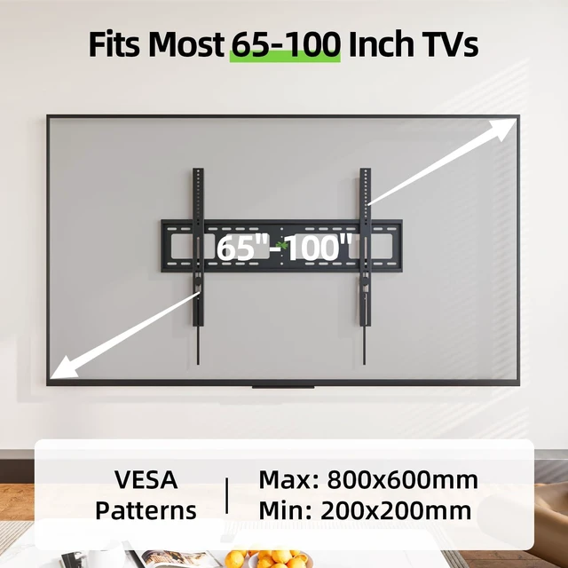 Alt view image 11 of 14 - Heavy Duty Fixed TV Wall Mount for 65-100 inch Flat TVs, Max Load 200 Lbs, Low Profile Bracket Fits 16" 18" 24" 32 inch Stud Spacing, Max VESA 800x600mm for Most 65 75 85 86 90 98 100 TVs