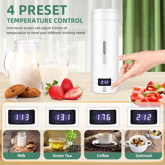 Alt view image 8 of 12 - Portable Electric Kettle Travel, 120V, 450ml, 4 Temperature Control | 304 Stainless Steel Lining, Auto Shut-Off, Boil Dry Protection, BPA-Free, Lightweight, For Hotel and Office (White)