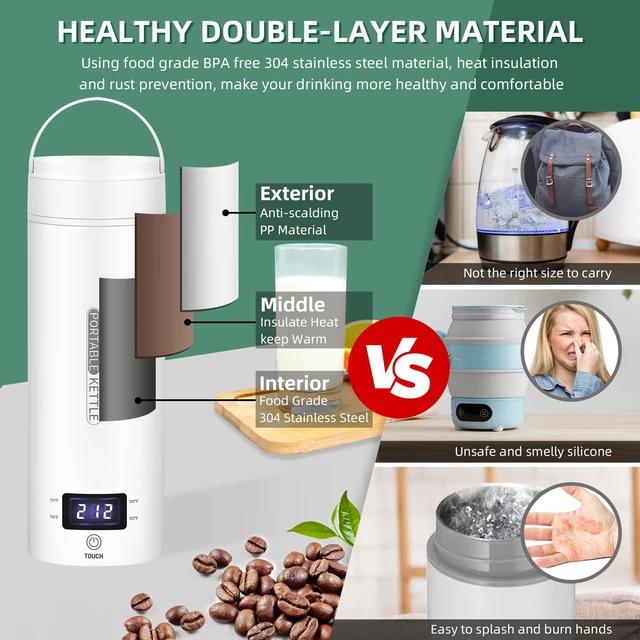 Alt view image 11 of 12 - Portable Electric Kettle Travel, 120V, 450ml, 4 Temperature Control | 304 Stainless Steel Lining, Auto Shut-Off, Boil Dry Protection, BPA-Free, Lightweight, For Hotel and Office (White)