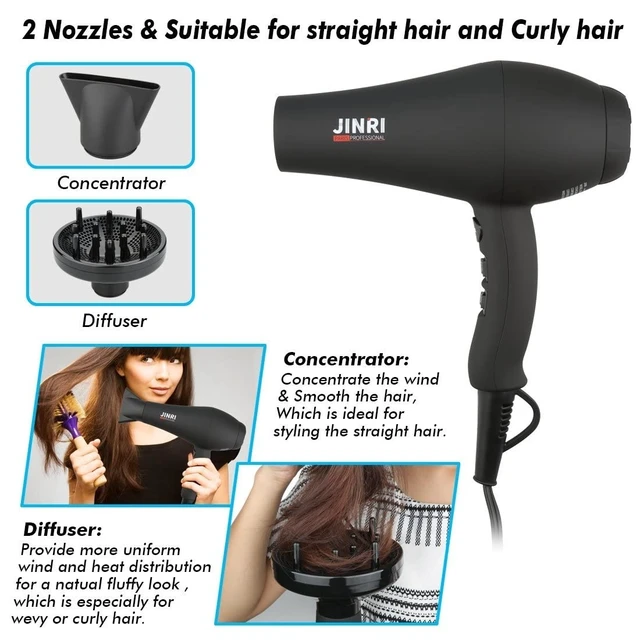 Alt view image 9 of 12 - Hair Dryer, 1875W, 3 Heat & 2 Speed, with Diffuser, with Concentrator, Ionic Technology & Infrared - Black, Detachable Air Intake, Hanging Strap, Non-Foldable, 125V, JINRI-104
