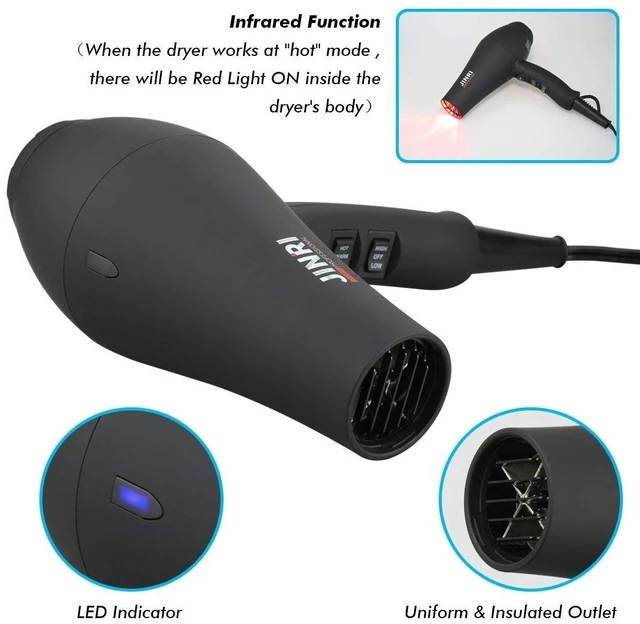 Alt view image 10 of 12 - Hair Dryer, 1875W, 3 Heat & 2 Speed, with Diffuser, with Concentrator, Ionic Technology & Infrared - Black, Detachable Air Intake, Hanging Strap, Non-Foldable, 125V, JINRI-104