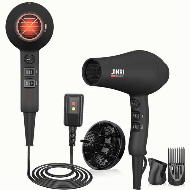 Alt view image 8 of 12 - Hair Dryer, 1875W, 3 Heat & 2 Speed, with Diffuser, with Concentrator, Ionic Technology & Infrared - Black, Detachable Air Intake, Hanging Strap, Non-Foldable, 125V, JINRI-104
