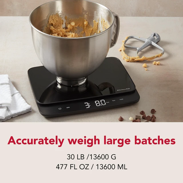 Alt view image 8 of 12 - =KQ917 High Capacity Glass Surface Digital Kitchen and Food Scale, 30 Pound Capacity and Precision, Grams, Ounces, Pounds, Fluid Ounces & Milliliters, LED, Tare Function, Black