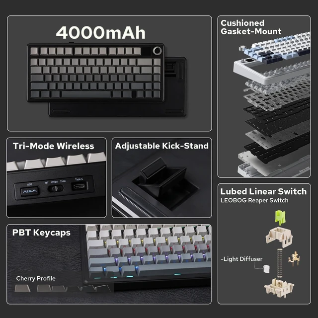 Alt view image 9 of 14 - X Aula F75 MAX Wireless Mechanical Keyboard with TFT Screen and Knob, Gasket Gaming Keyboard in 75% Layout, Hot Swappable, RGB Backlight, for PC/Mac/Linux (Black Gradient)