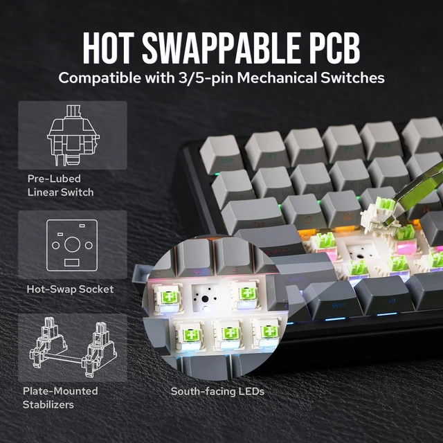 Alt view image 12 of 14 - X Aula F75 MAX Wireless Mechanical Keyboard with TFT Screen and Knob, Gasket Gaming Keyboard in 75% Layout, Hot Swappable, RGB Backlight, for PC/Mac/Linux (Black Gradient)