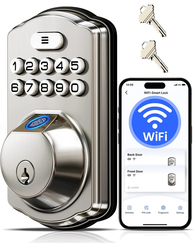 Alt view image 8 of 14 - VE012W WiFi Fingerprint Smart Lock for Front Door, Satin Nickel | App Remote, Built-in WiFi, Alexa & Google Compatible, Real-Time Alerts, Low Battery Alarm, Keyless Entry Keypad Deadbolt