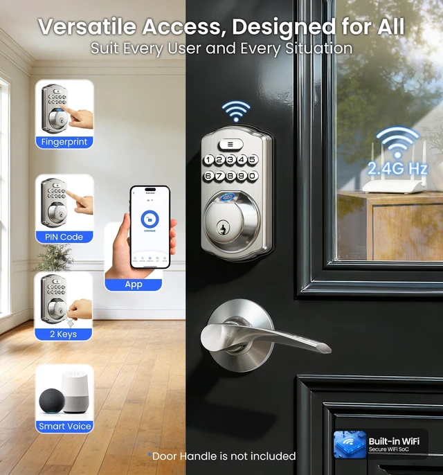 Alt view image 9 of 14 - VE012W WiFi Fingerprint Smart Lock for Front Door, Satin Nickel | App Remote, Built-in WiFi, Alexa & Google Compatible, Real-Time Alerts, Low Battery Alarm, Keyless Entry Keypad Deadbolt