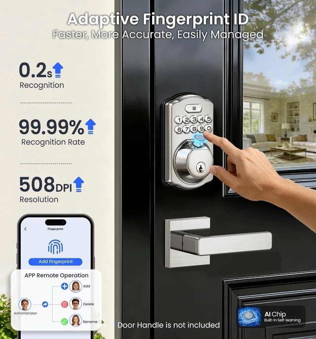 Alt view image 11 of 14 - VE012W WiFi Fingerprint Smart Lock for Front Door, Satin Nickel | App Remote, Built-in WiFi, Alexa & Google Compatible, Real-Time Alerts, Low Battery Alarm, Keyless Entry Keypad Deadbolt