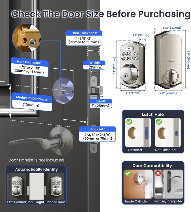 Alt view image 13 of 14 - VE012W WiFi Fingerprint Smart Lock for Front Door, Satin Nickel | App Remote, Built-in WiFi, Alexa & Google Compatible, Real-Time Alerts, Low Battery Alarm, Keyless Entry Keypad Deadbolt