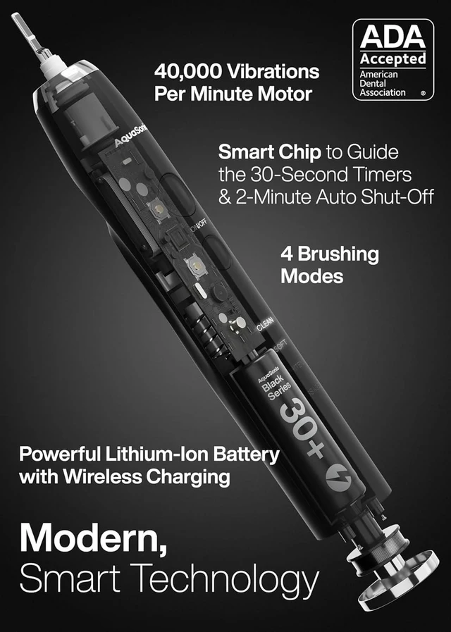 Alt view image 10 of 12 - Black Series Ultra Whitening Toothbrush ADA Accepted Electric Toothbrush- 8 Brush Heads & Travel Case 40,000 VPM Electric Motor & Wireless Charging - 4 Modes w Smart Timer