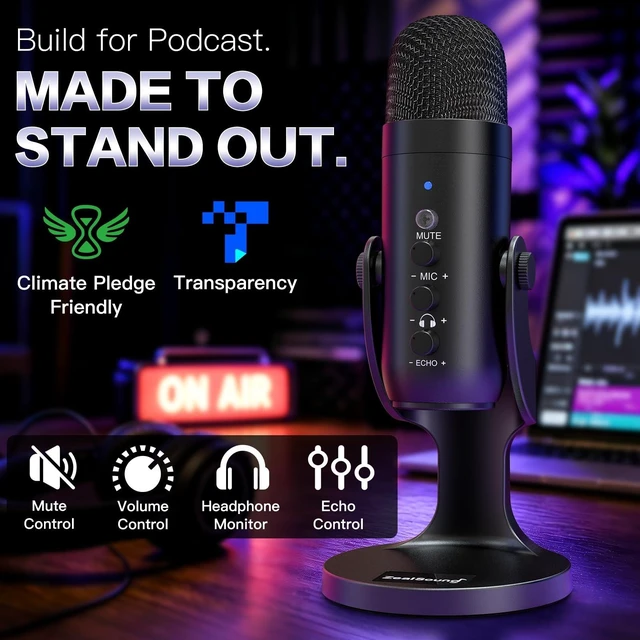 Alt view image 9 of 14 - Podcast Microphone for PC, Noise Cancellation USB Mic with Gain, Volume Adjustment & Mute Button, Monitoring & Echo, for YouTube, TikTok, Podcasting, Streaming, iPhone, iPad, Android, Mac