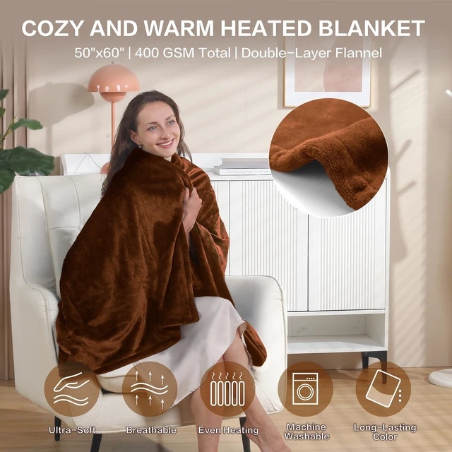 Alt view image 11 of 14 - Heated Blanket Throw, Soft Double Flannel Electric Heating Blanket | ETL & FCC Certified, 3 Heat Levels, 4H Auto Off, Overheat Protection, Washable, for Couch, Bed, Office, Gifts for Women Men