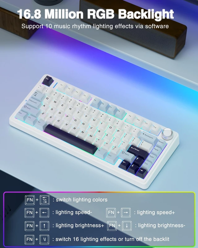 Alt view image 13 of 14 - F75 75% Wireless Mechanical Keyboard, Hot Swappable Creamy Keyboard, Pre-lubed Reaper Switches, 2.4GHz/Type-C/BT5.0, RGB Backlit Gaming Keyboards(White & Blue)
