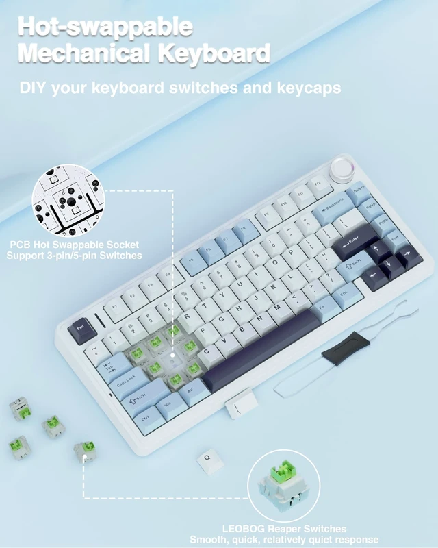Alt view image 12 of 14 - F75 75% Wireless Mechanical Keyboard, Hot Swappable Creamy Keyboard, Pre-lubed Reaper Switches, 2.4GHz/Type-C/BT5.0, RGB Backlit Gaming Keyboards(White & Blue)